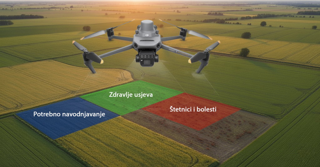 Dron leti iznad poljoprivrednog zemljišta, prikazujući geolocirane regije označene za zdravlje usjeva (zeleno), potrebe za navodnjavanjem (plavo) i pojavu štetnika i bolesti (crveno), što ilustrira primjenu multispektralnog snimanja za praćenje i optimizaciju poljoprivredne proizvodnje.